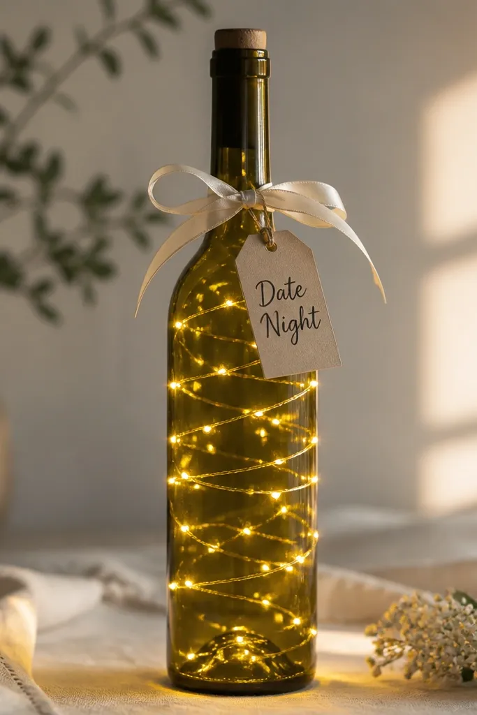 A wine bottle wrapped in warm white fairy lights in a neat spiral, with a ribbon around the neck and a small tag reading "Date Night." The lights glow through the glass.