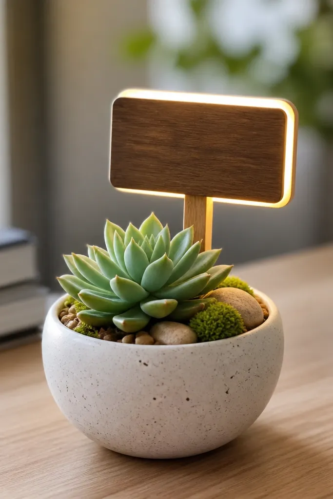 A small desk planter with a succulent and a mini sign on a wooden stake. Warm white LEDs behind the sign create a glowing outline, and the plant sits in the center.