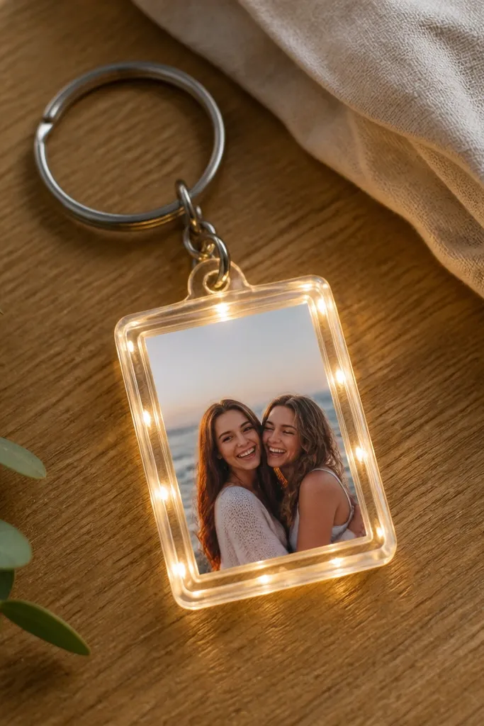 A small clear acrylic charm shaped like a rectangle with a tiny photo inside. Warm white micro LEDs wrap around the edges, and a metal keyring attaches at the top.
