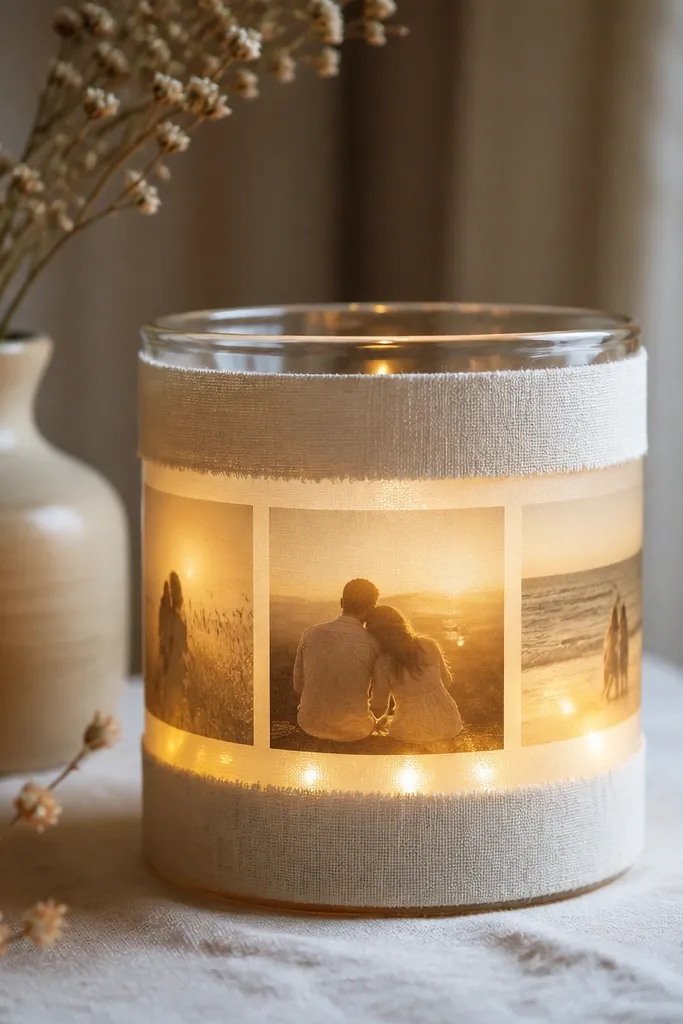 A glass candle holder wrapped in cream fabric and a strip of photos behind a translucent panel. Warm white LEDs glow from inside the glass, and the photo strip looks like it's lit from within.