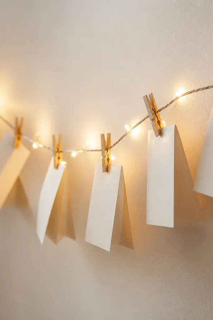 A garland strung across a wall with warm white mini lights and small clothespins holding folded promise cards. The cards flutter slightly and the warm glow makes the paper look soft.