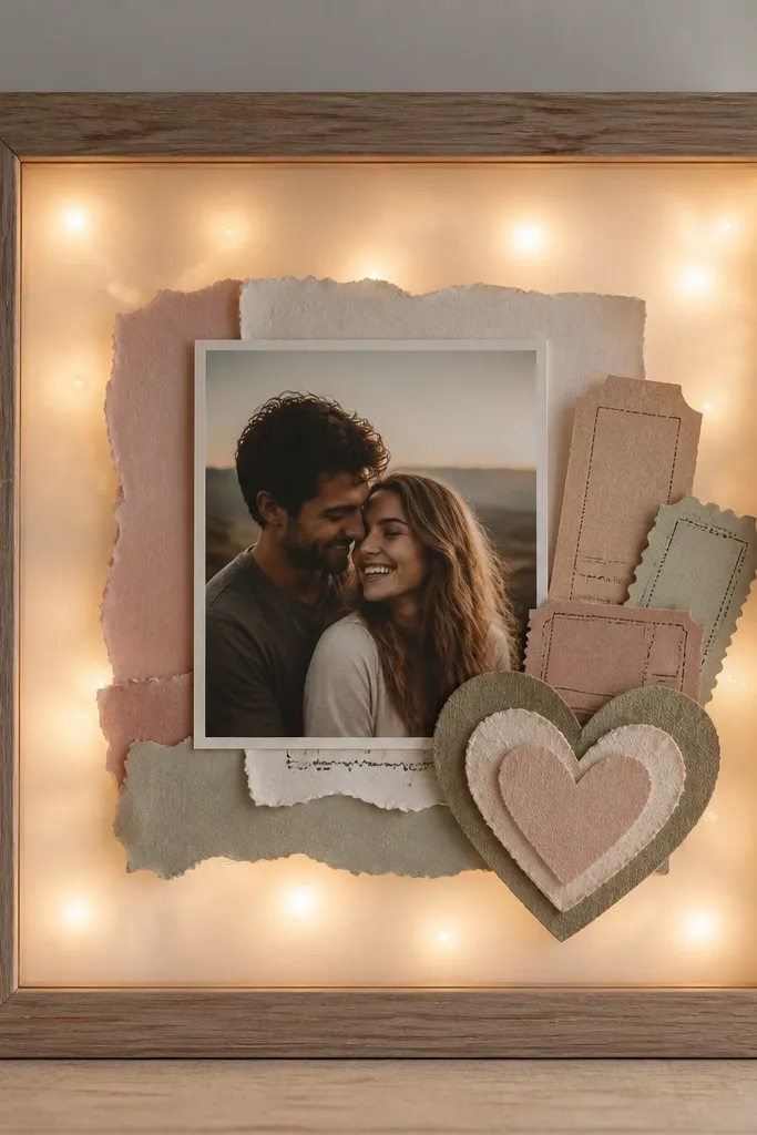 A framed scrapbook page with a photo, ticket stubs, and a layered heart. Warm white LEDs are hidden behind a translucent vellum window, and the center glow highlights the photo.