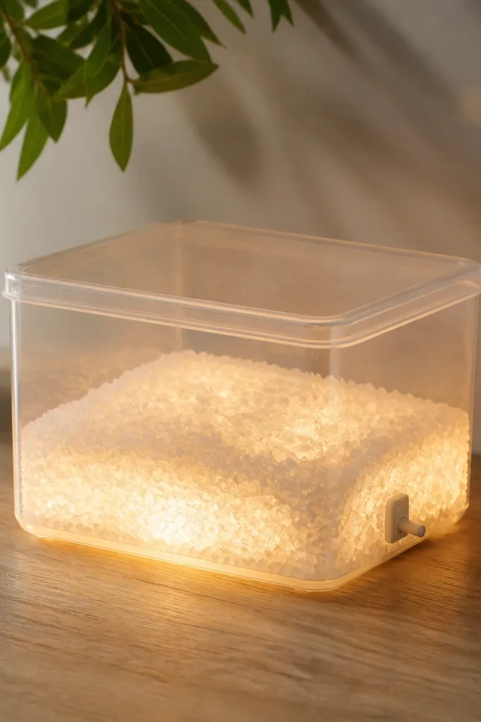 A clear plastic storage box turned into a lamp with warm white LEDs at the base. Inside is a textured layer of faux salt or coarse sugar-like material, and a small switch controls the glow.