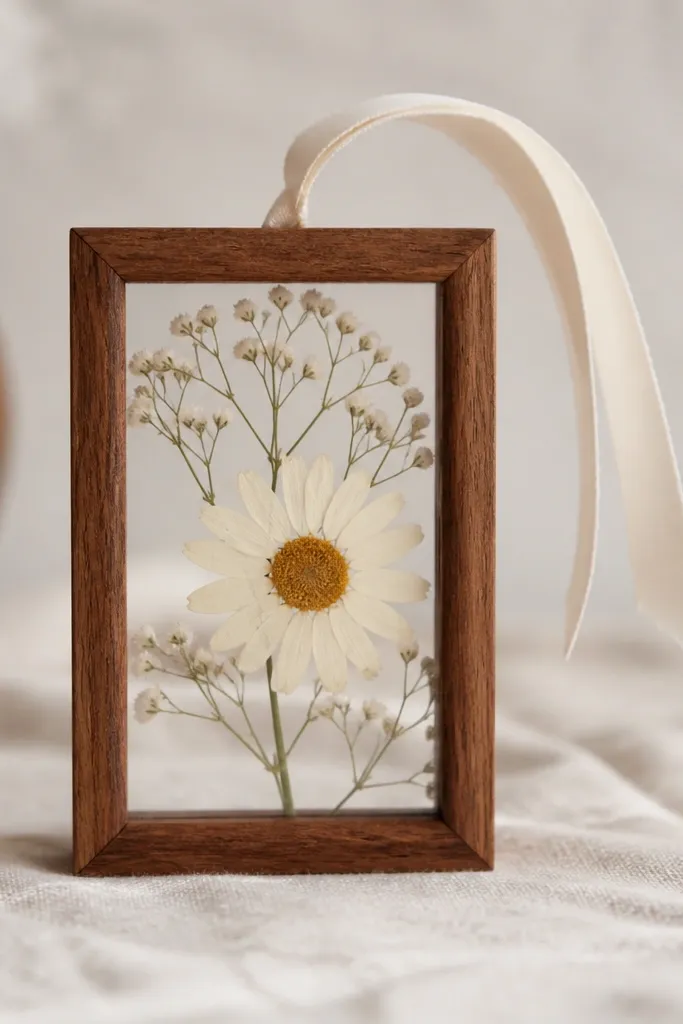 A small 3x5-inch wooden frame with a clear front; inside is a pressed daisy and tiny baby's breath under a glossy sheet, with a cream ribbon bookmark hanging from the top.
