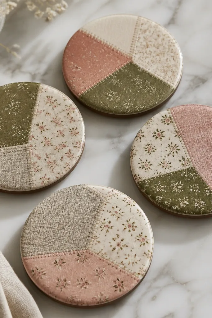 Four round coasters with patchwork fabric tops in muted blush, olive, and off-white, each with a dark cork backing and a glossy sealed surface.