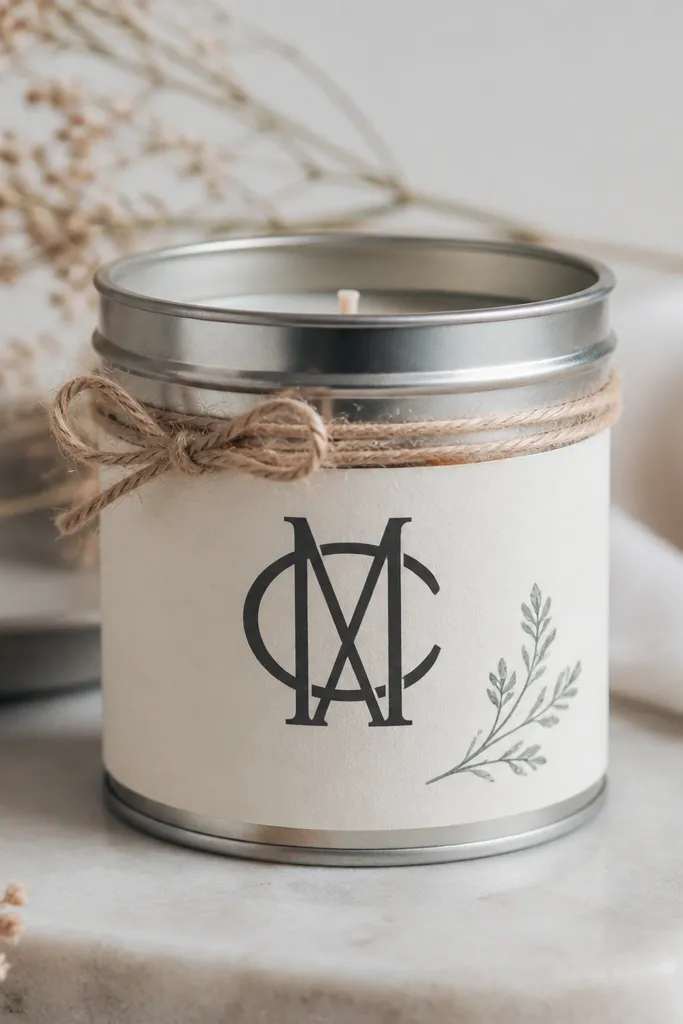 A small metal candle tin with a pale cream label wrapped in natural twine; a black vinyl monogram sits centered, with a tiny sprig illustration in the corner.
