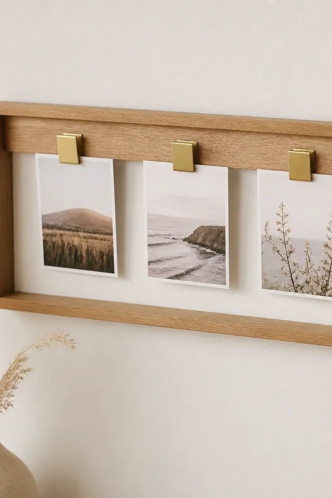 A thin wooden slat frame mounted on a wall with three small clips holding tiny photos; the wood is stained light oak, and the clips are brushed brass.