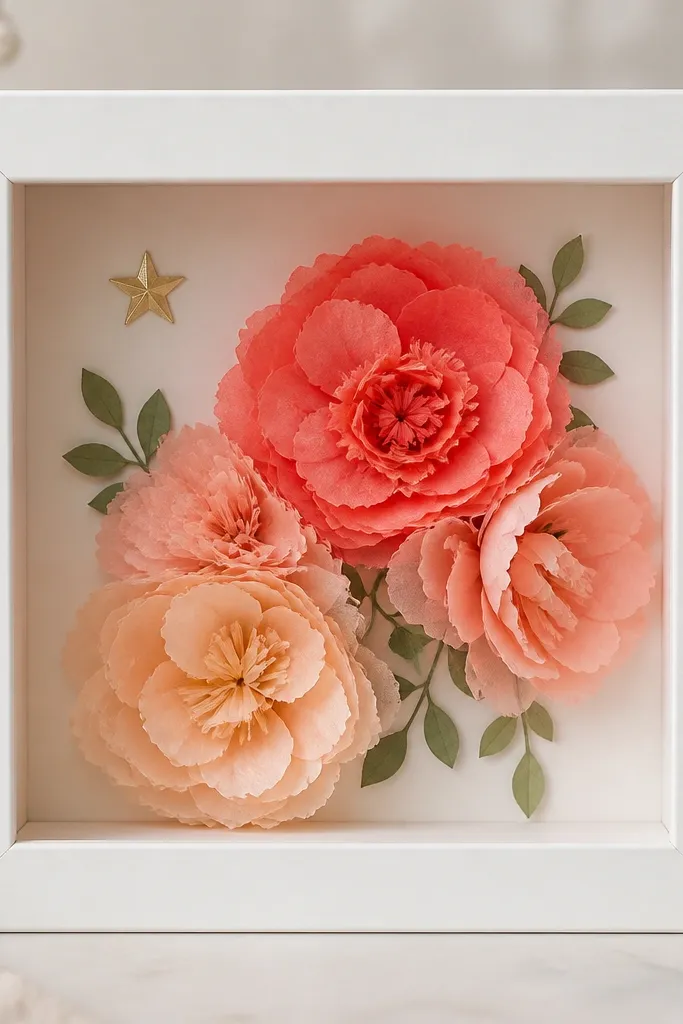 A small shadow box with a deep white frame; inside are layered tissue paper flowers in coral and peach, with tiny green paper leaves and a subtle gold star sticker.