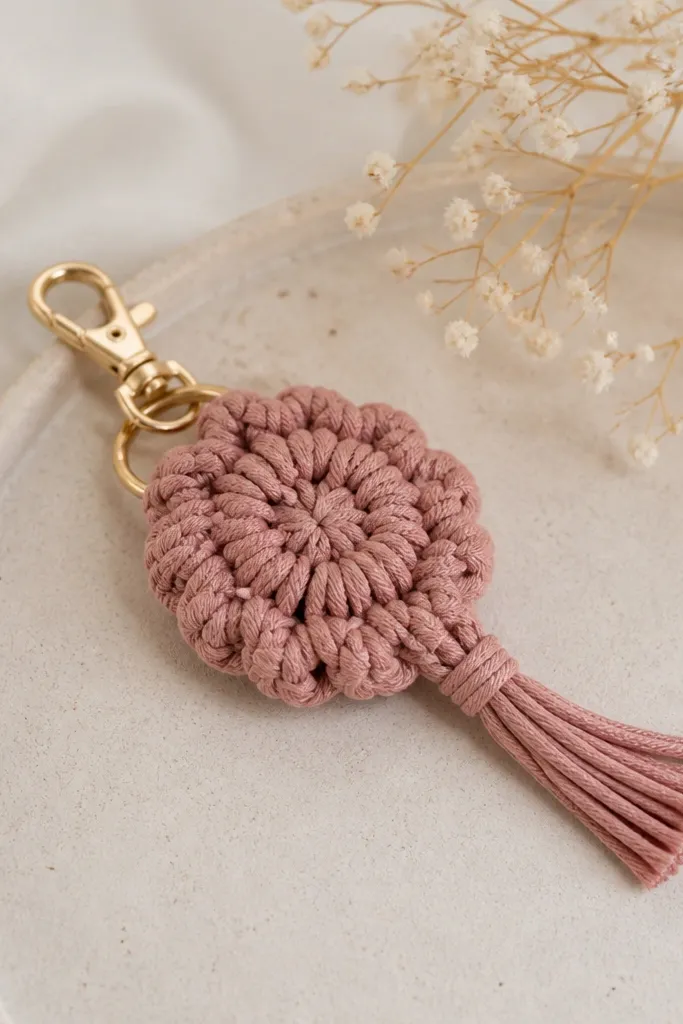 A small crochet keychain made with flat braided cord in dusty rose, with a tiny gold clasp and a short tassel tail.