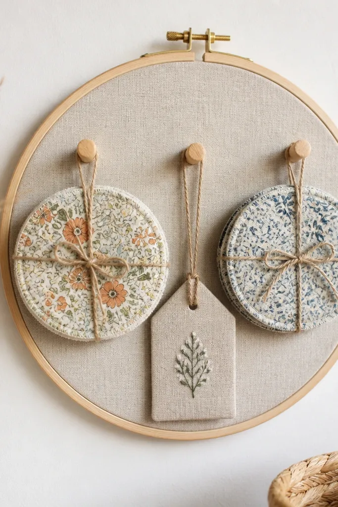 A 6-inch embroidery hoop mounted vertically with three tiny wooden pegs; a linen background holds two mini coaster sets and a small tag.