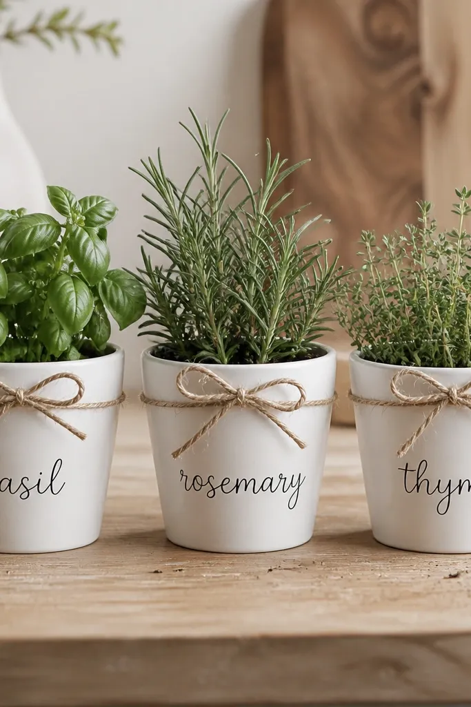 Three tiny terracotta pots with matte white paint; each pot has a hand-lettered label in black and a small twine bow at the rim.