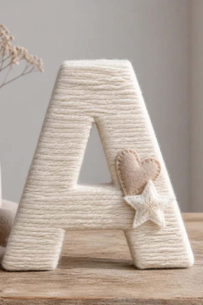 A freestanding wooden letter wrapped in chunky yarn in cream; the edges are clean, with a small felt heart and stitched star on the front.