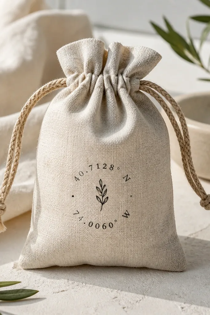 A small beige linen drawstring bag with a black stamped coordinate set and a tiny sprig icon; the drawstrings are braided in natural tan.