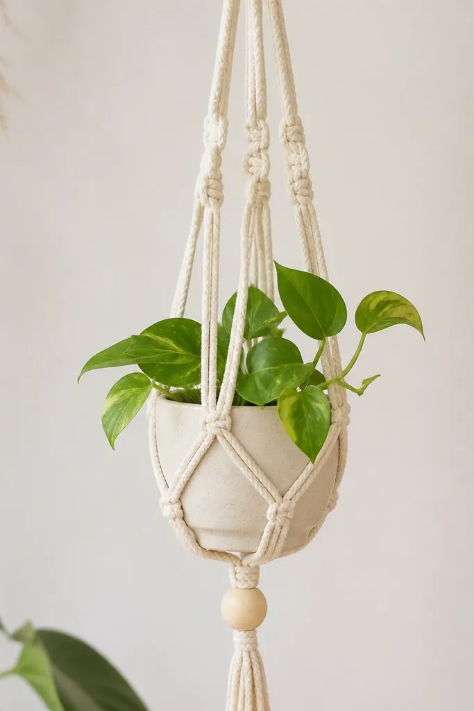 A mini macrame hanger with thick cotton rope in cream, holding a small 4-inch pot; a natural wooden bead sits at the knot base.