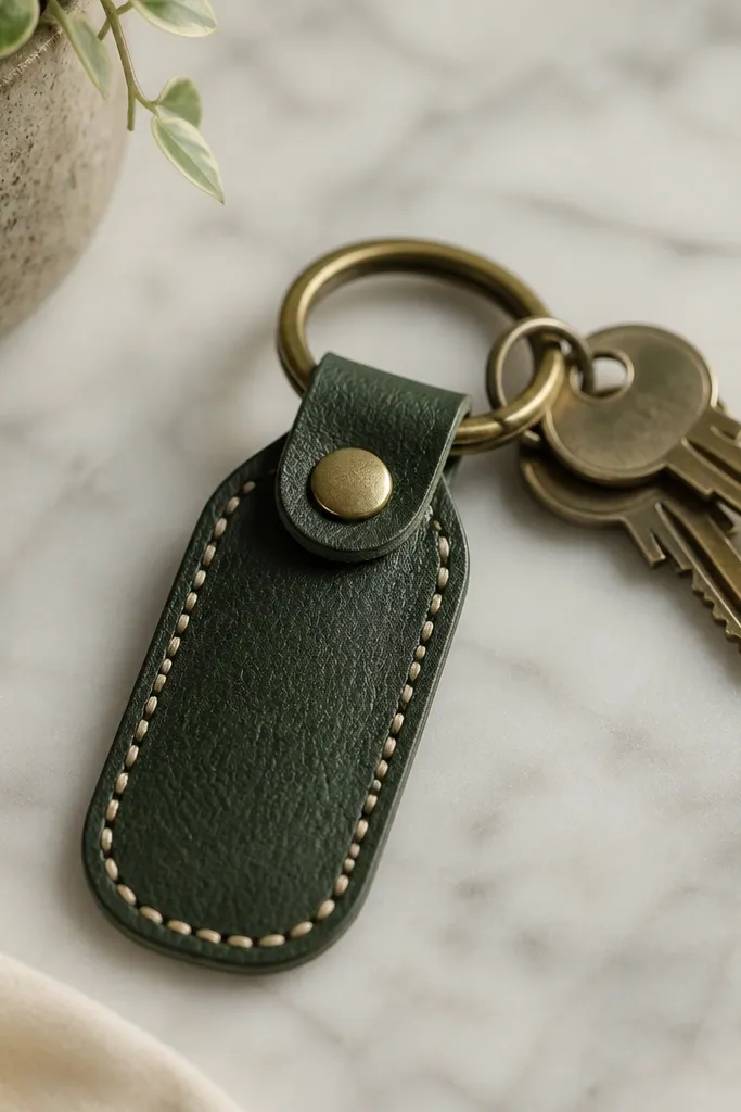 A small faux leather key fob in deep green with a snap button and a stitched-looking edge created by fabric paint dots; a brass ring attaches to keys.