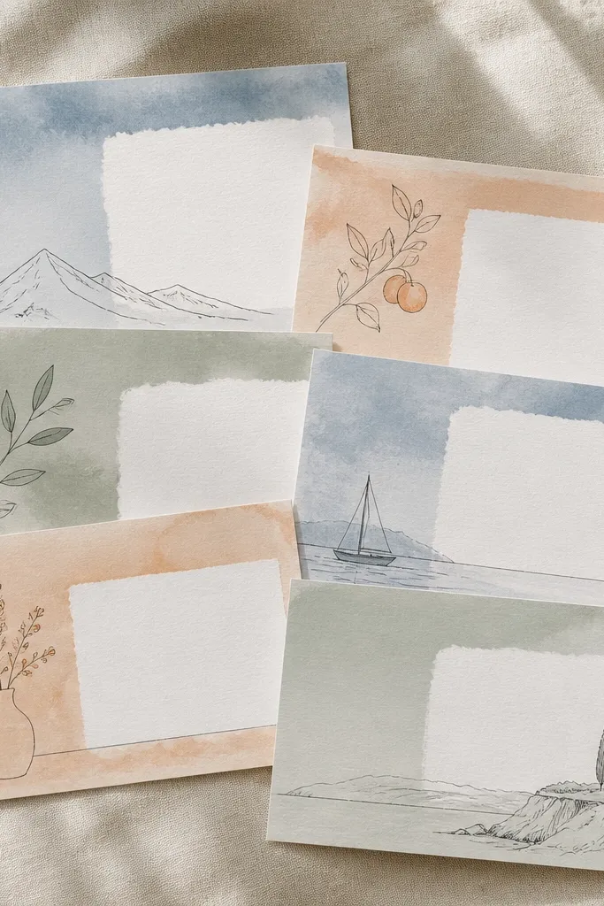 A stack of six watercolor postcards with soft washes in dusty blue, peach, and sage; each postcard has a simple line drawing and a blank message panel.