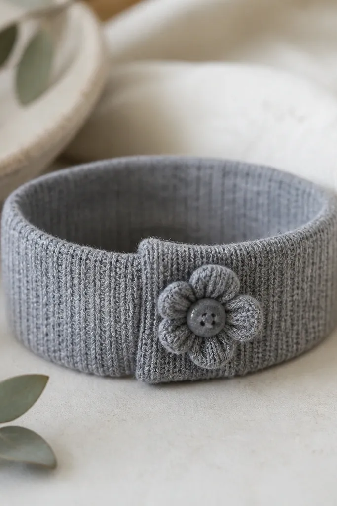 A bracelet made from an upcycled sweater sleeve cuff in heather gray; it has a stitched folded edge and a small fabric flower button.