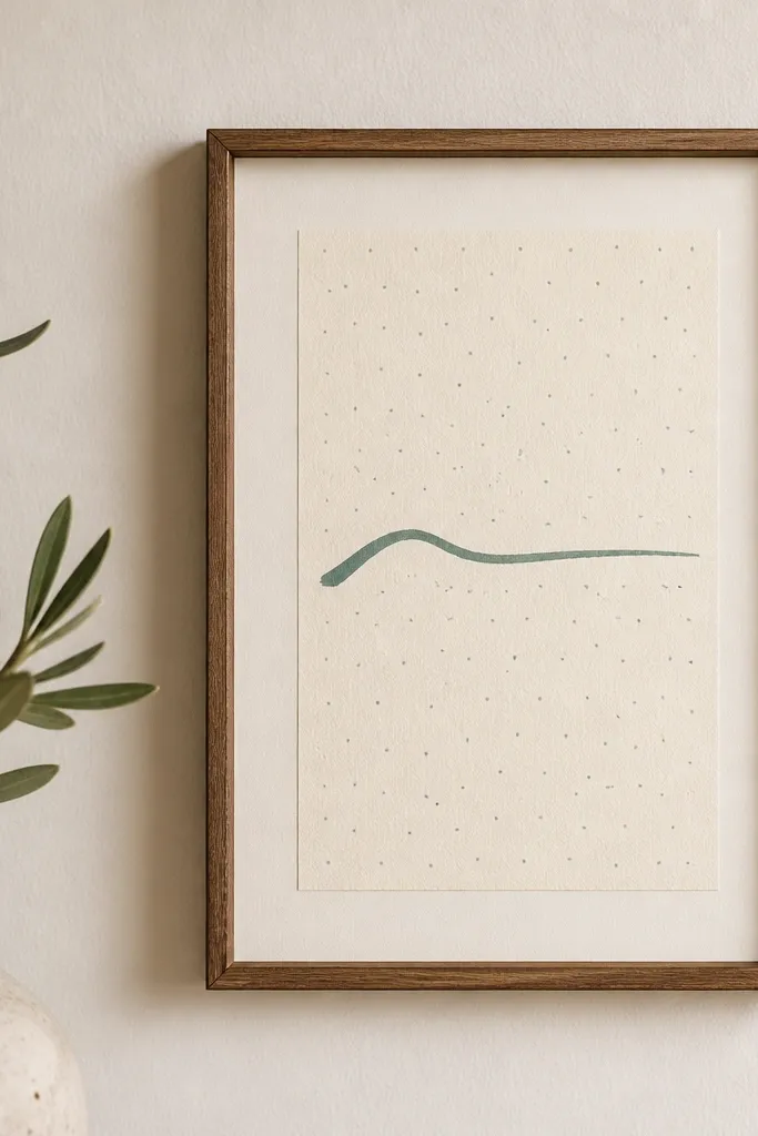 A small wall art piece with a 5x7 cardstock frame; inside is a stencil pattern of tiny dots and a hand-painted phrase line in muted teal on cream paper.