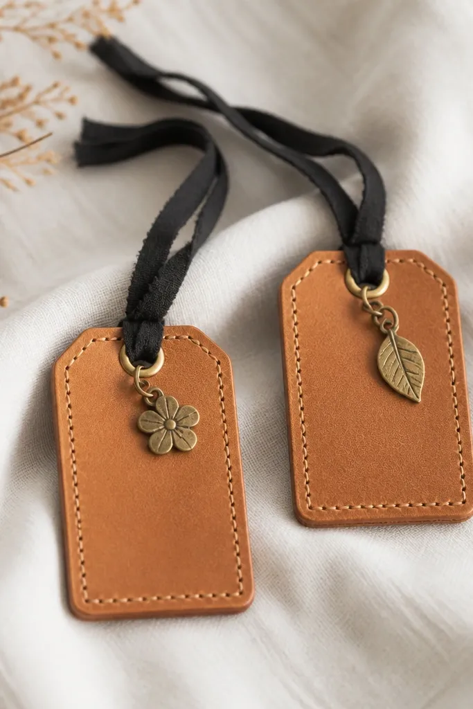 A set of two small leather tote tags in tan with punched eyelets and a stitched edge; each has a black fabric string and a small metal charm.