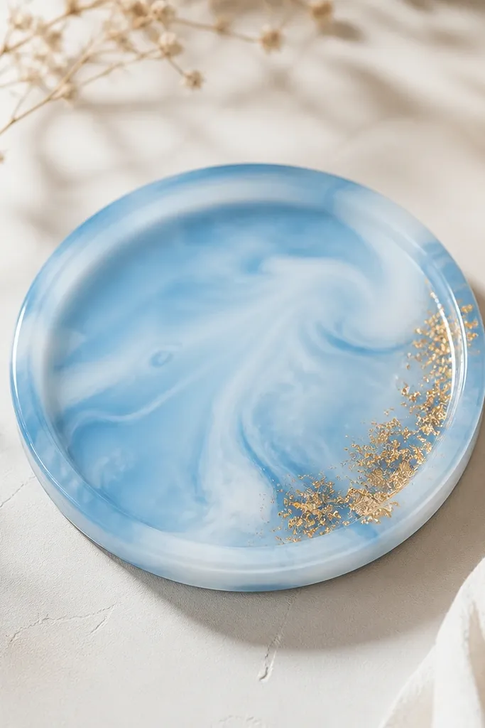 A small 4-inch resin tray with a glossy surface; inside is a soft swirl of sky blue and white with tiny gold flakes near one edge.