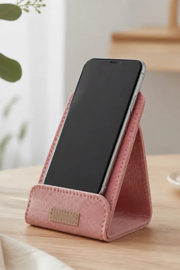 A felt phone stand in dusty rose with a V-shaped back; a stitched edge frames it, and a small name tag patch sits at the bottom.
