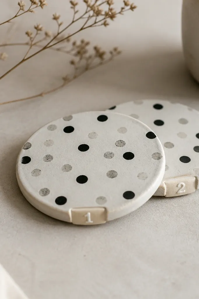 Two small ceramic coasters with hand-painted dots in black and warm gray; each has a tiny numbered slot label on the edge in cream enamel paint.