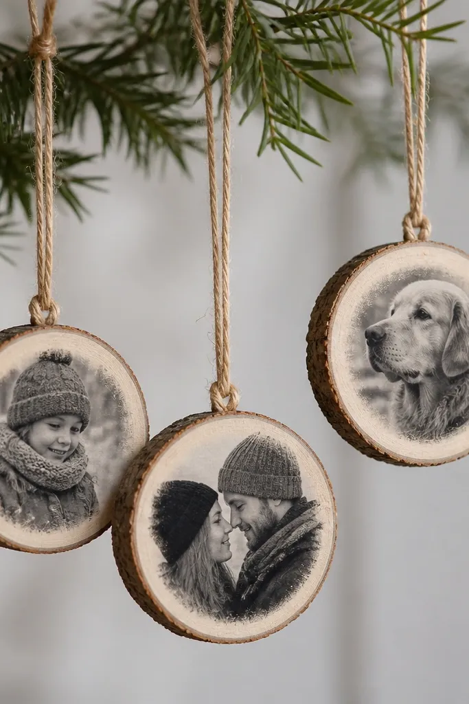 Three small wood slice ornaments with a transferred black-and-white photo center; they hang from twine loops and have a light matte finish.