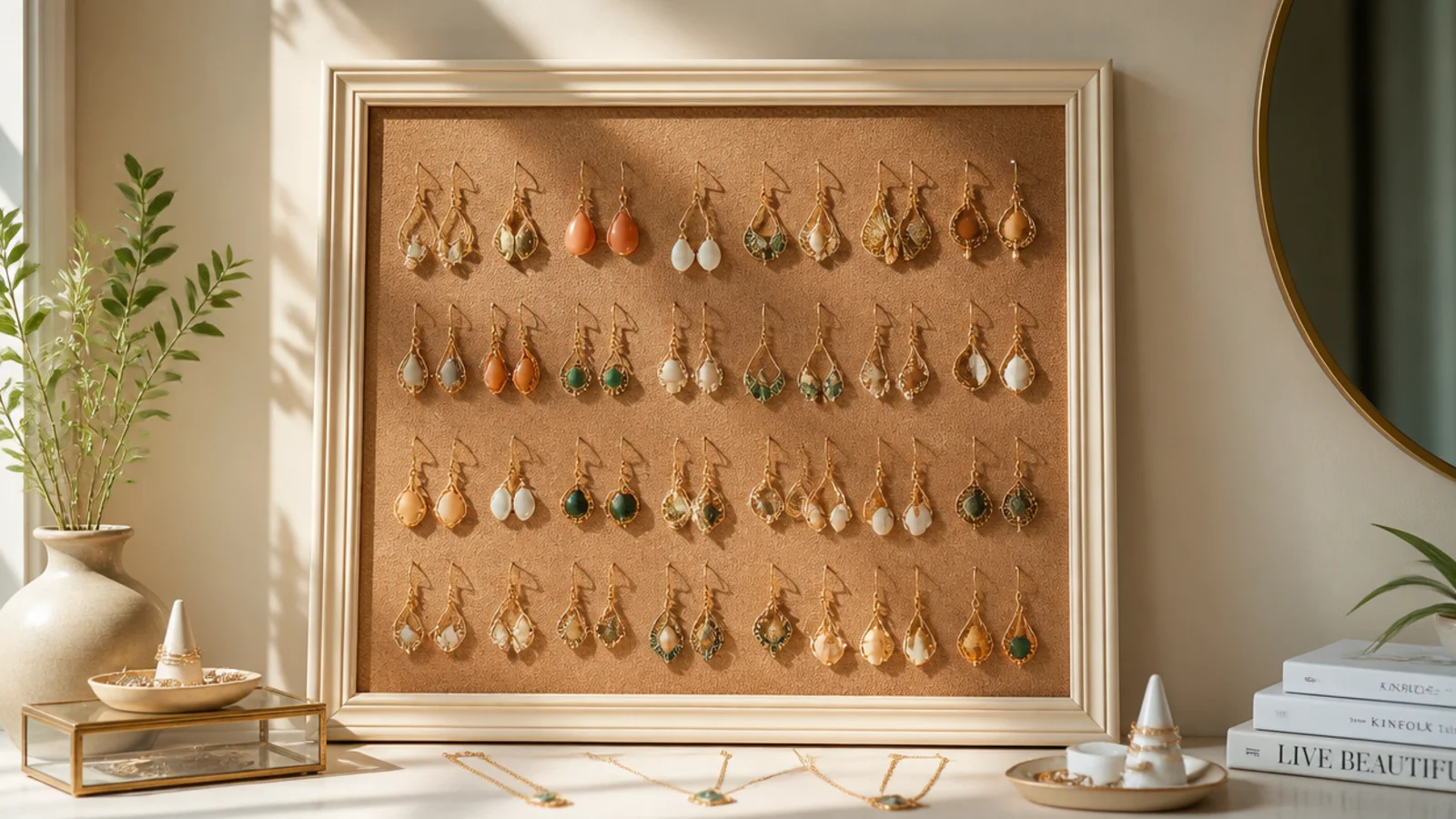 A cream picture frame filled with natural cork, dangle earrings pushed through in neat rows, mounted on a wall.