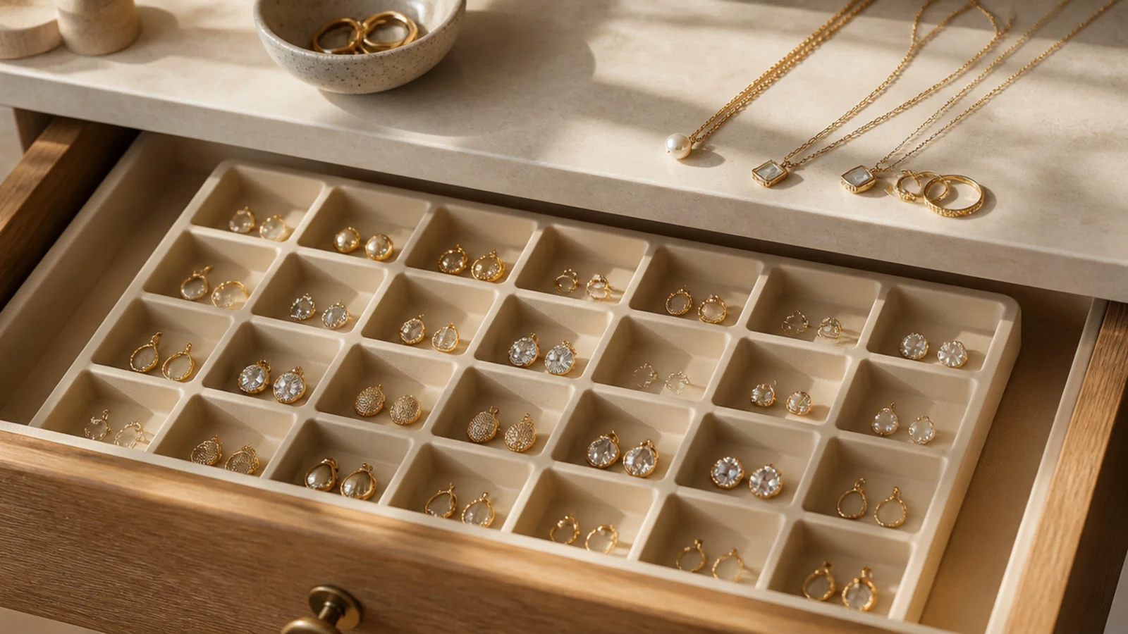 A silicone ice cube tray set inside a dresser drawer, each compartment holding a separate pair of stud earrings and rings.