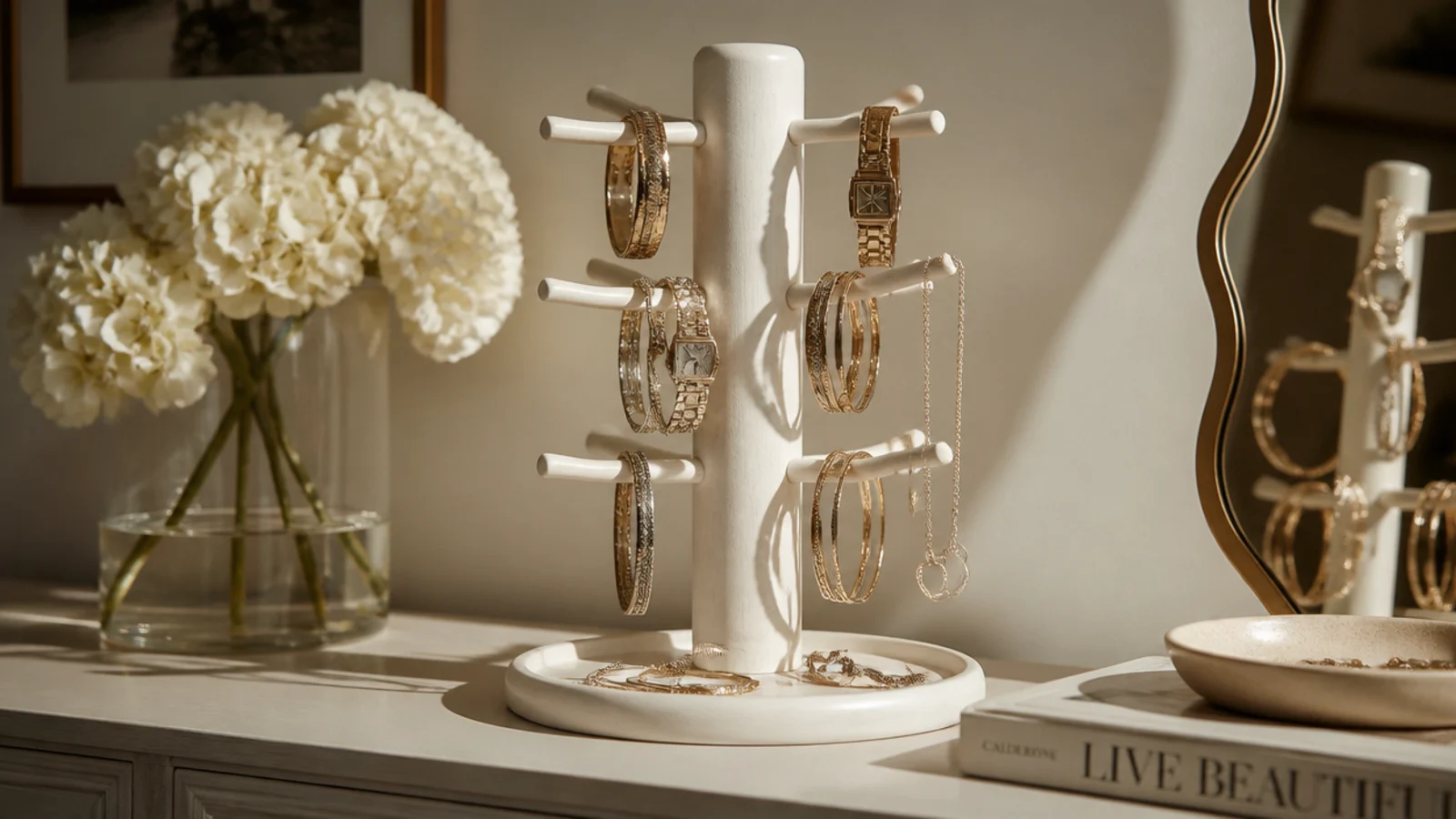 A wooden mug tree on a dresser with bangles and watches slipped over its arms, painted a soft matte white.