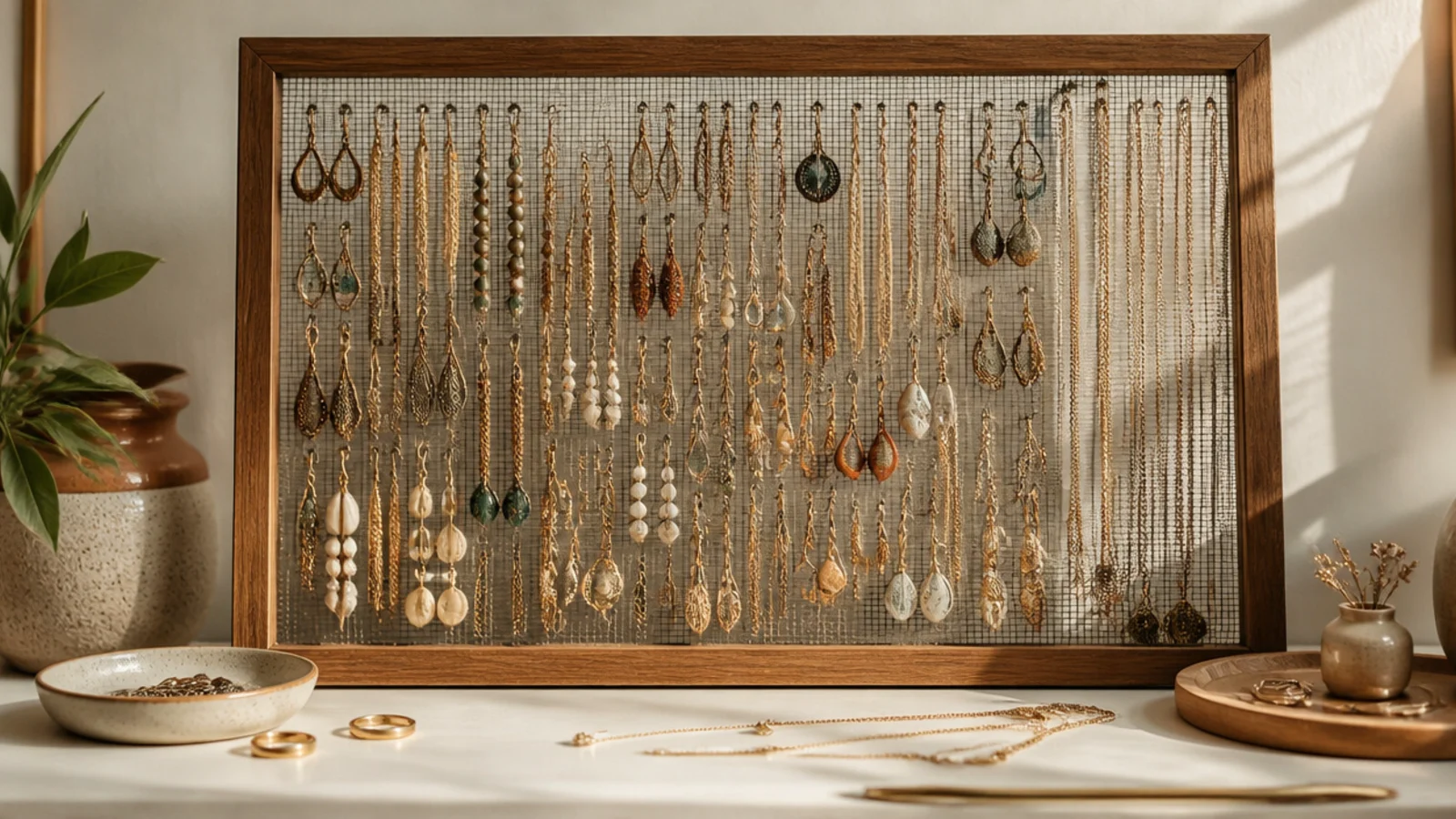 A wooden frame with fine metal mesh stretched inside it, holding dozens of dangle earrings in tidy vertical columns.