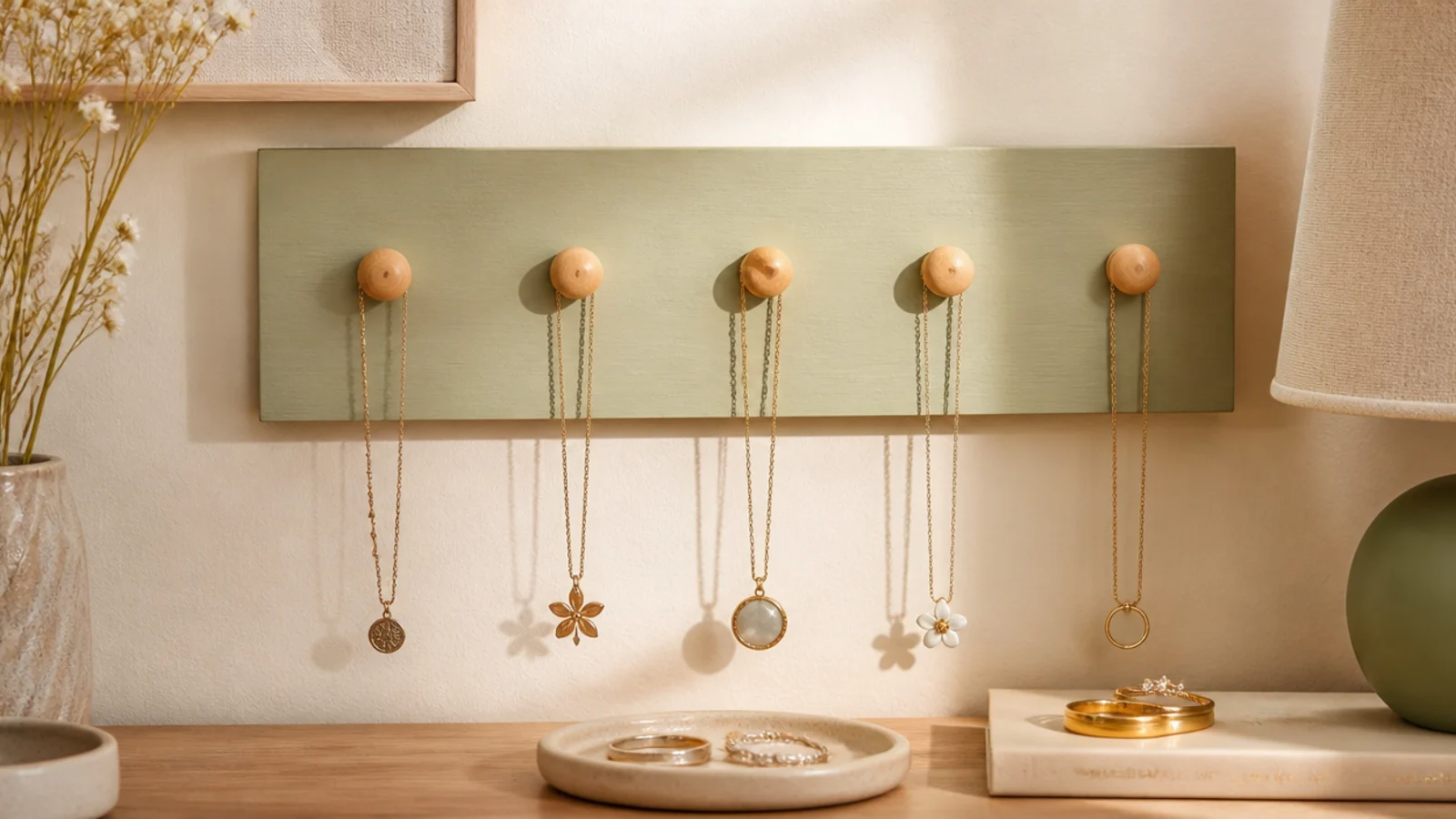 A painted wood board mounted on the wall with a row of five wooden Shaker knobs, each holding a hanging necklace.