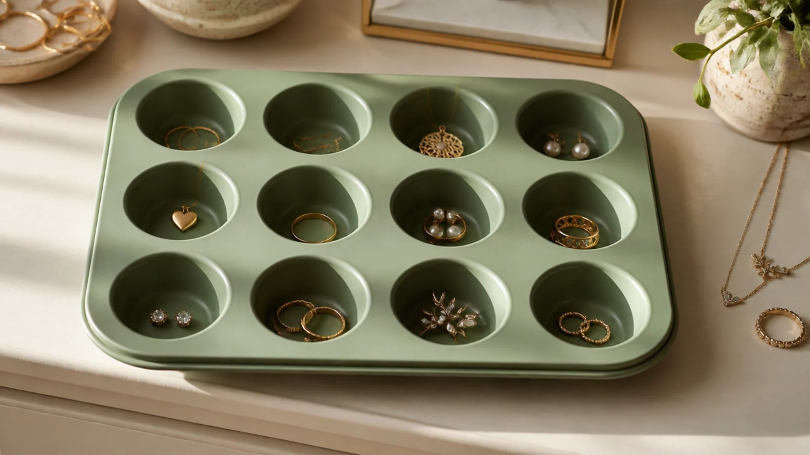 A metal muffin tin painted matte sage sitting on a dresser, each cup holding rings, studs, and small pendants.