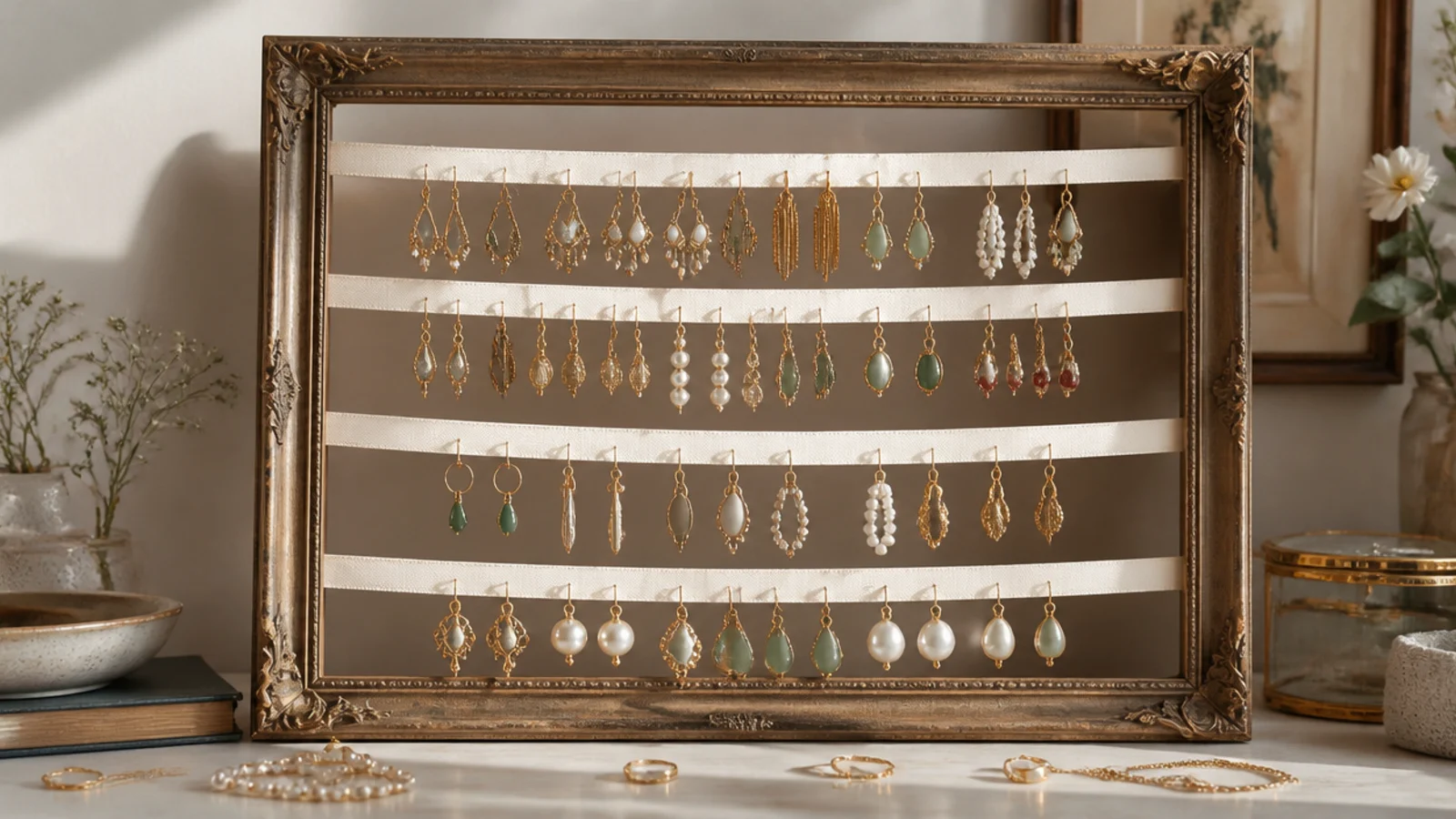 An open thrifted frame with horizontal lengths of cream ribbon strung across it, dangle earrings hooked over each ribbon.