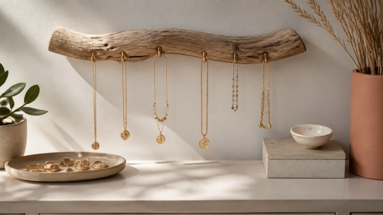 A smooth driftwood branch mounted horizontally on the wall with small brass cup hooks along it, holding necklaces.
