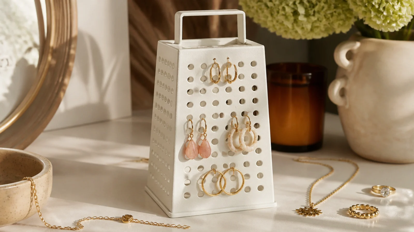 A boxy metal cheese grater spray-painted matte white on a dresser, dangle earrings hooked into its punched holes.