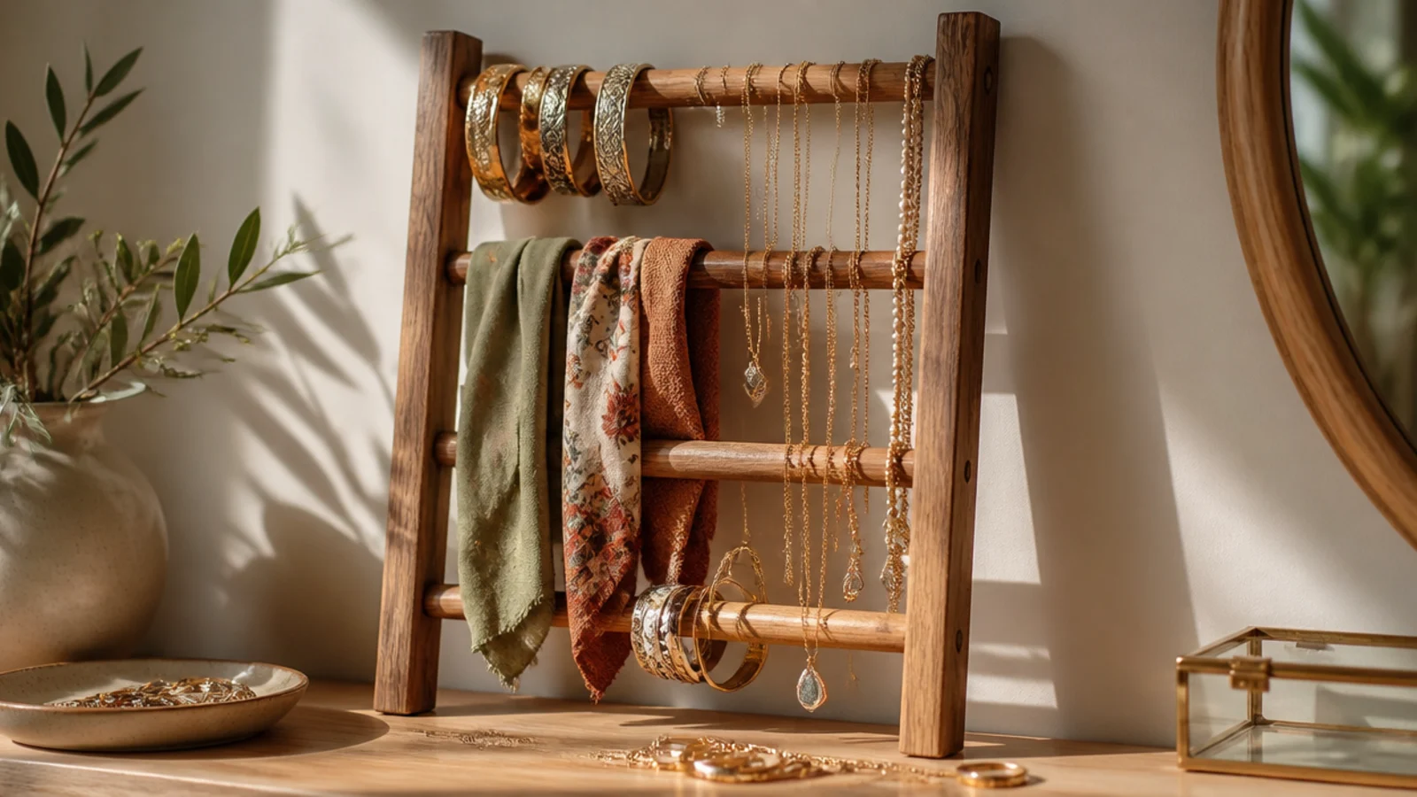 A small decorative wooden ladder leaning against the wall with bangles and scarves slung over its rungs.