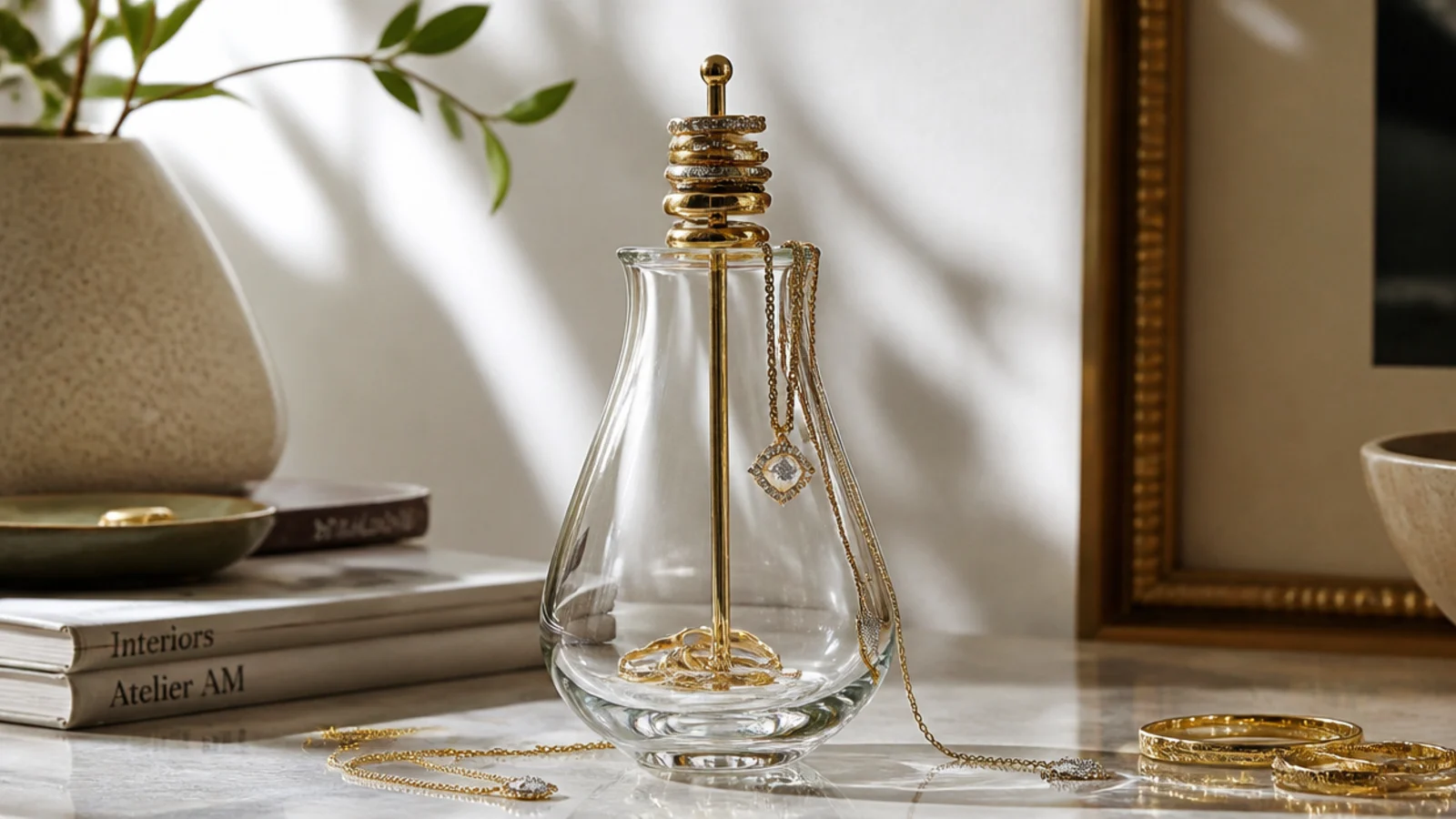 A slim glass bud vase on a dresser with rings stacked on a thin dowel and a couple of chains draped over the rim.