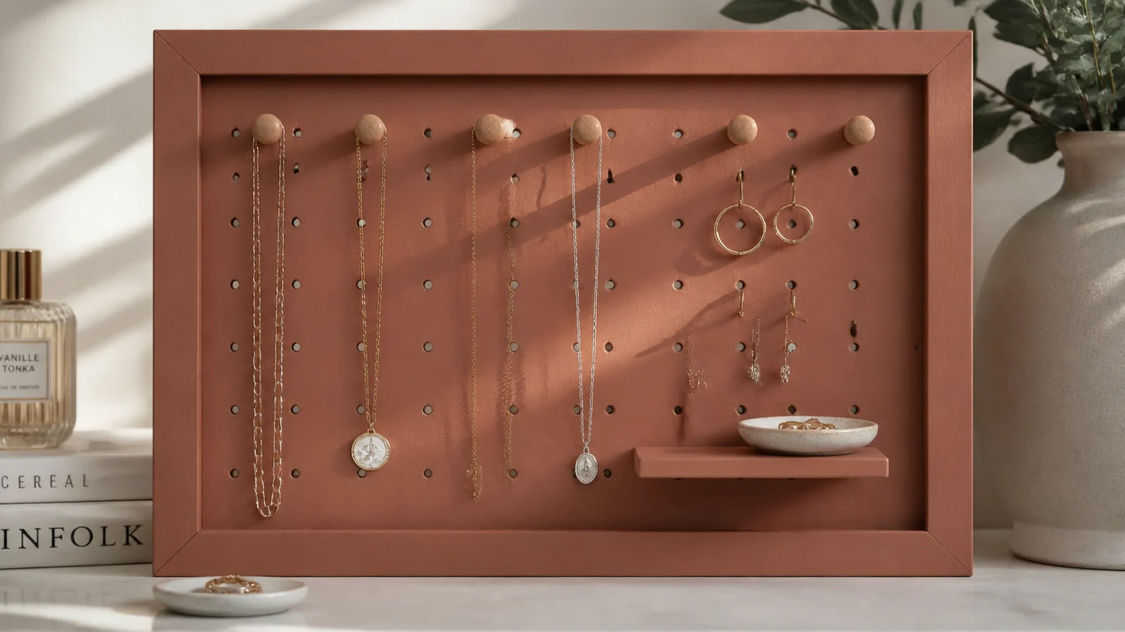 A framed pegboard painted soft terracotta with pegs, small hooks, and a tiny shelf holding necklaces, earrings, and a ring dish.