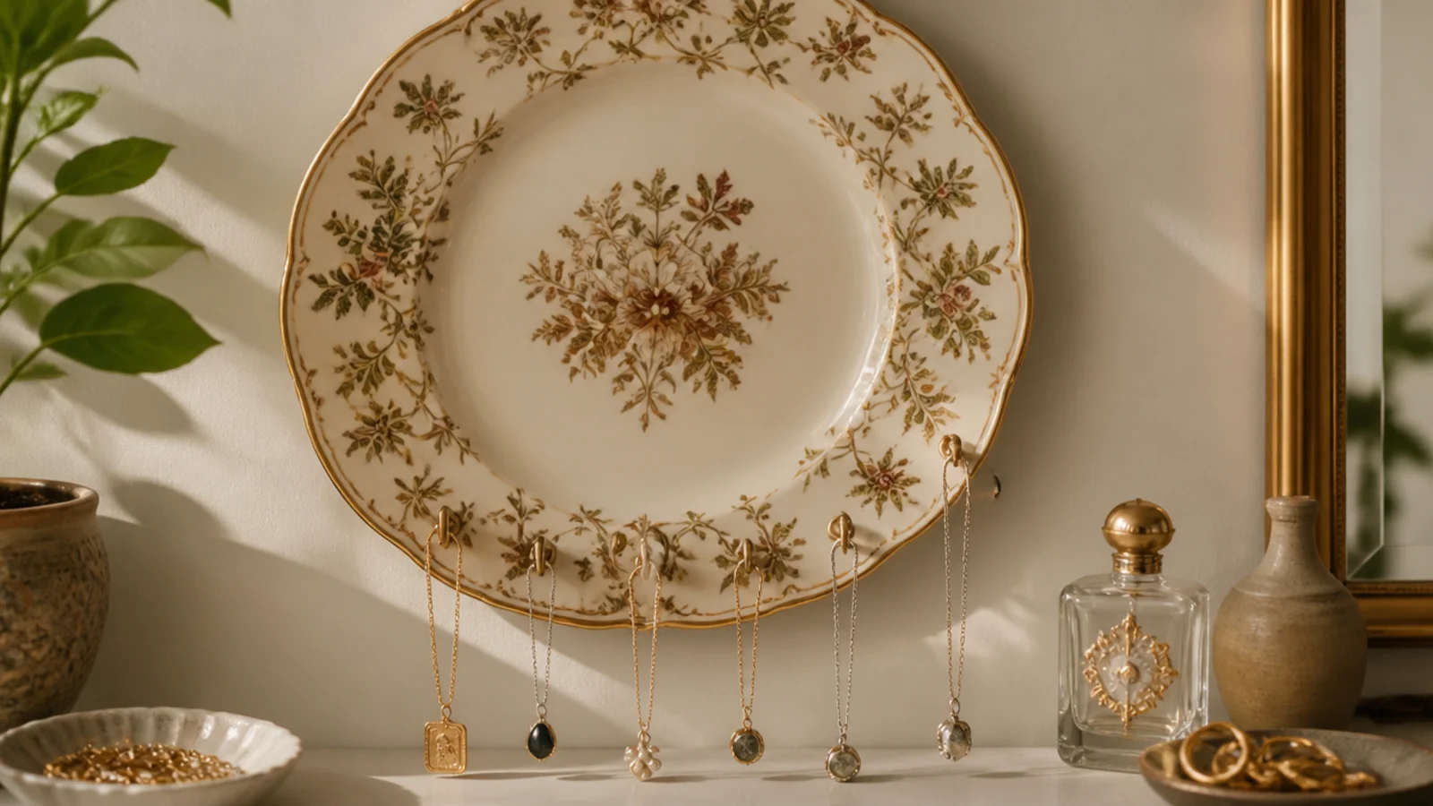 A patterned vintage plate mounted on the wall with small brass hooks along its lower rim holding delicate necklaces.