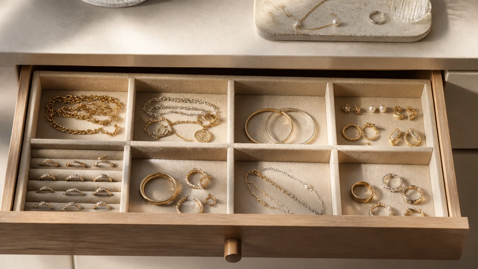 A shallow dresser drawer fitted with felt-lined foam board dividers, each section holding a different type of jewelry.