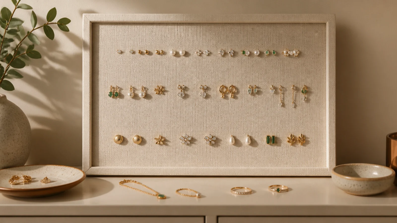 A fabric-covered board on the wall with a hidden magnetic strip holding rows of stud earrings by their metal backs.