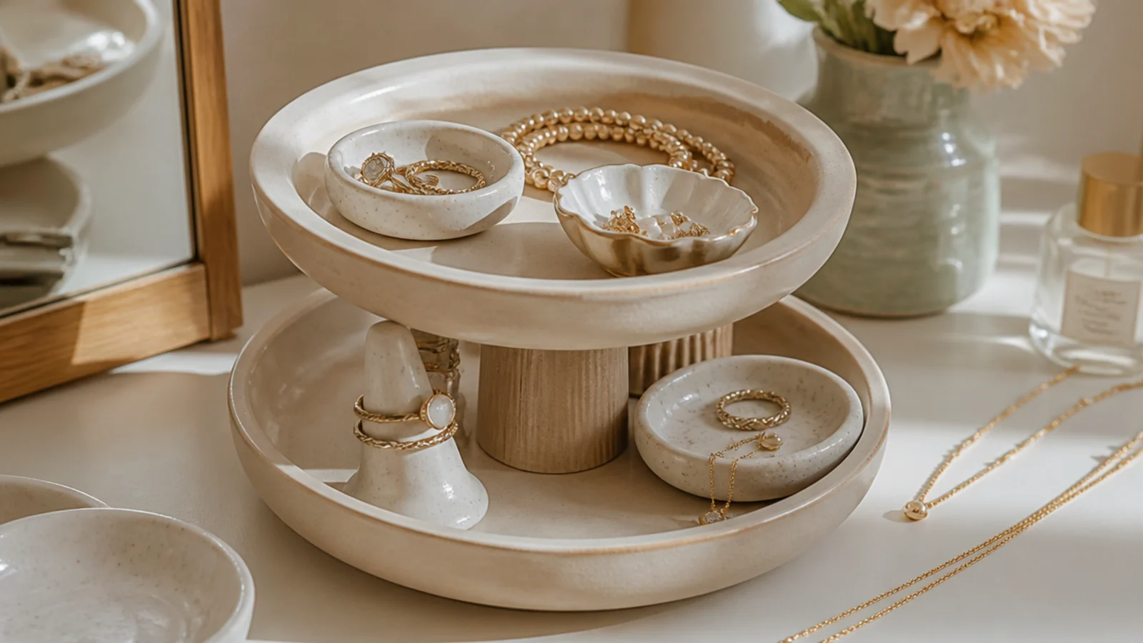A two-tier ceramic cake stand on a vanity holding ring dishes, coiled bracelets, and a small dish of earrings.