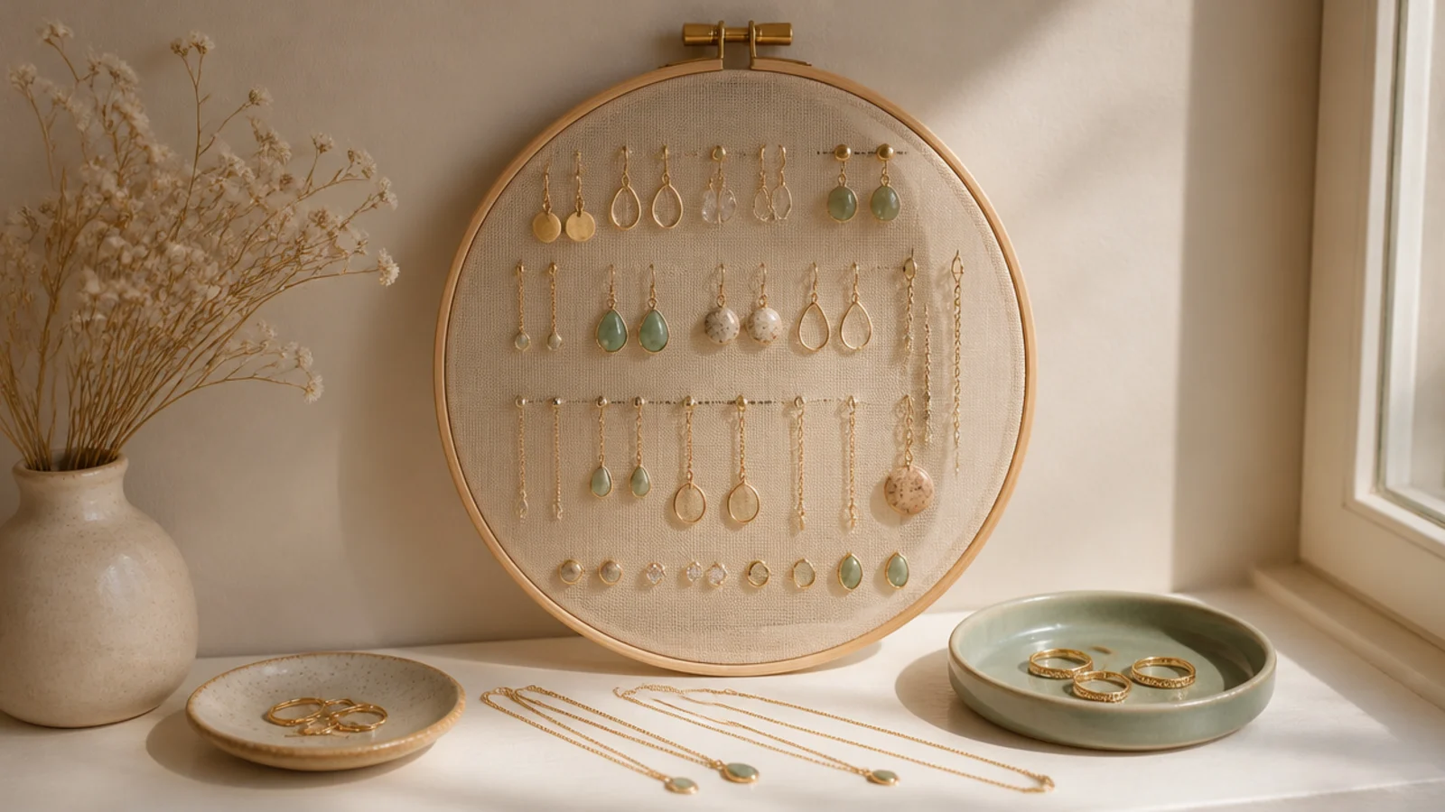 A round embroidery hoop with fine tulle stretched across it, mounted on the wall holding dangle and stud earrings.