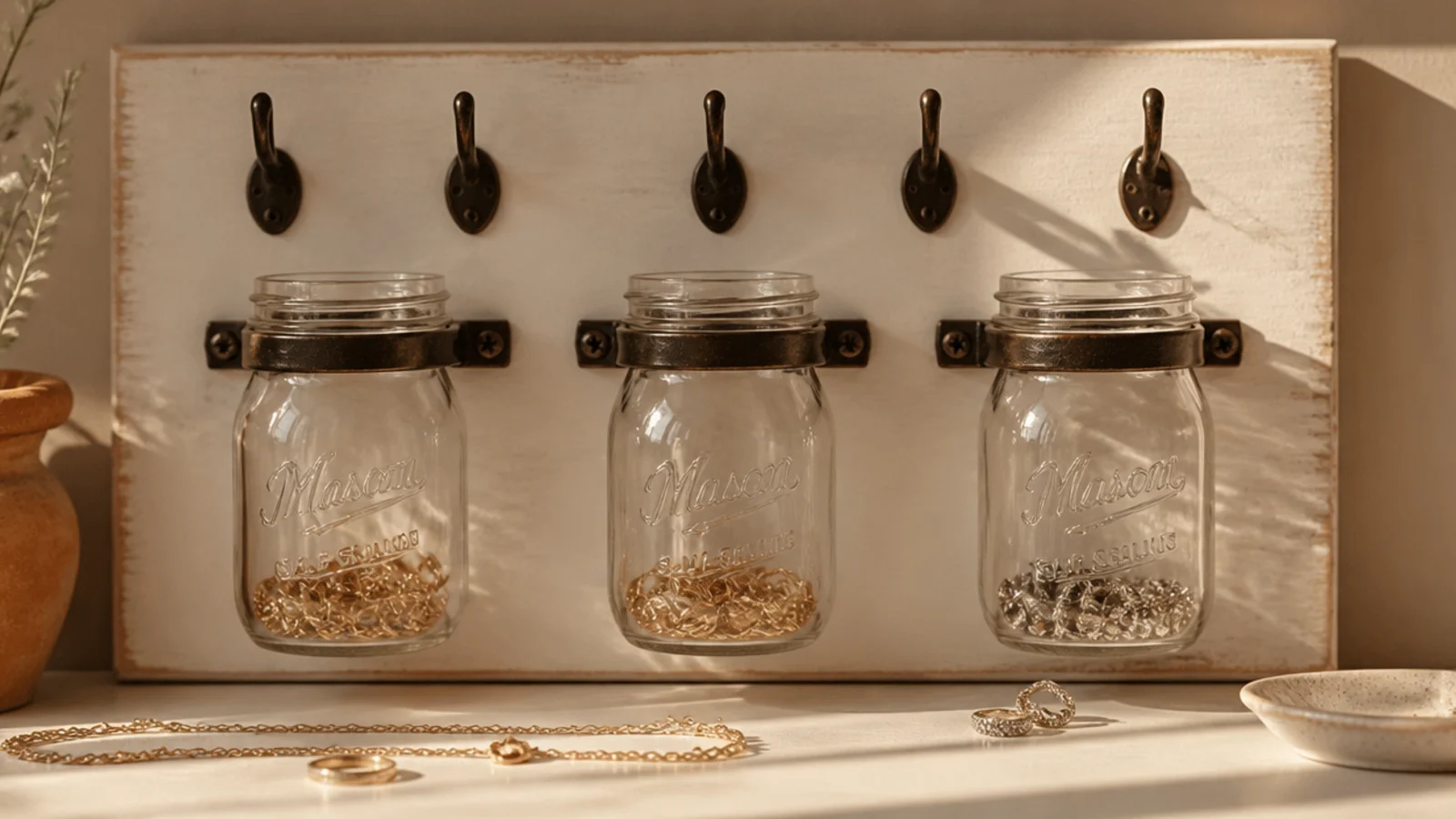 A painted wood board on the wall with three clamped mason jars below a row of hooks, jars holding rings and small pieces.