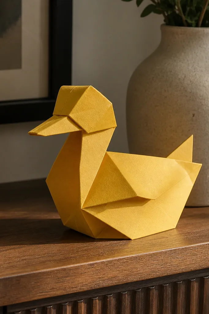 Yellow paper duck body with a sharp center crease and wings folded evenly