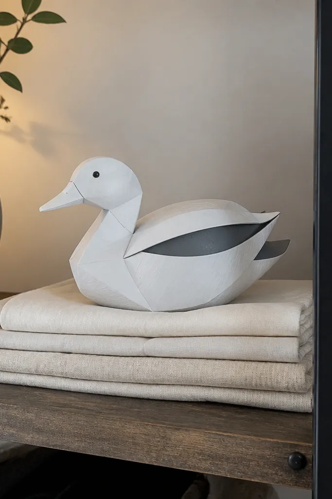 Matte white paper duck with subtle gray wing panels and clean edges
