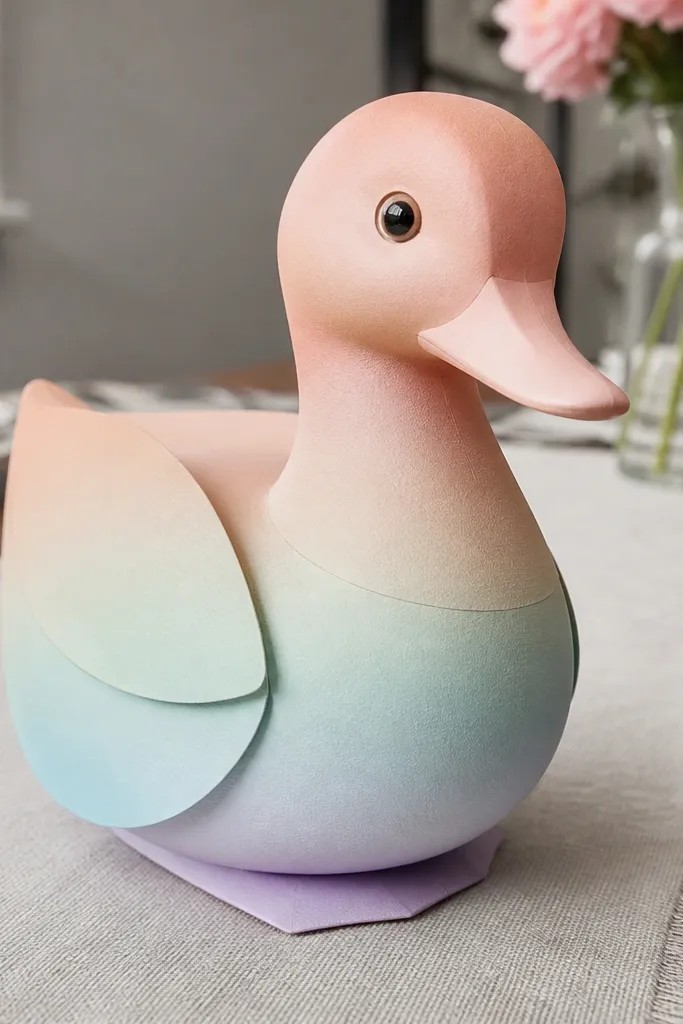 Pastel ombre paper duck with a smooth color wrap around the body