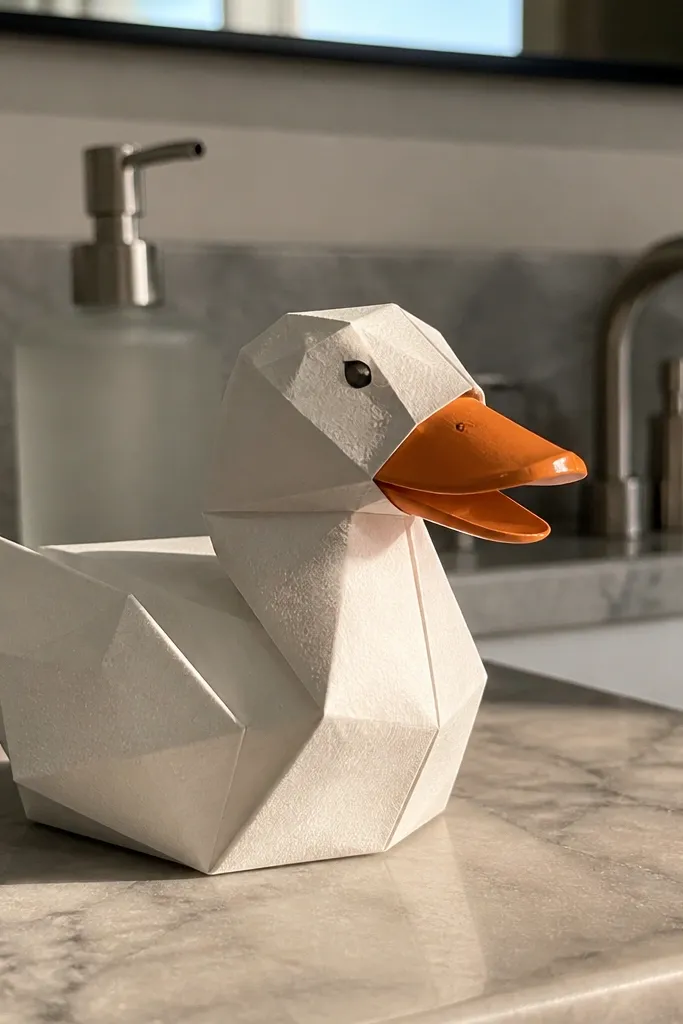 Yellow paper duck with an orange beak that has a shiny gloss finish