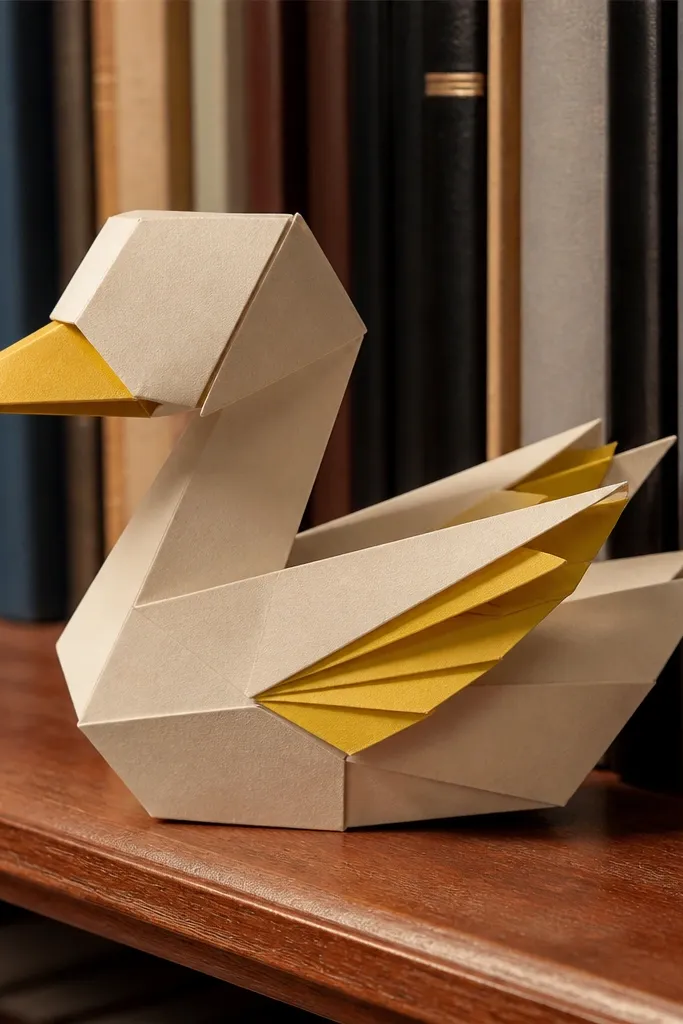 Two-tone paper duck with colored wing interiors that show when wings open